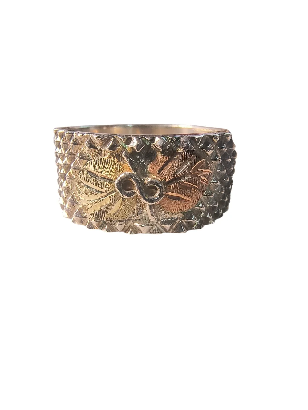 Sterling Silver & 10K Gold Leaf Motif Men's Band Ring: Black Hills Gold Style